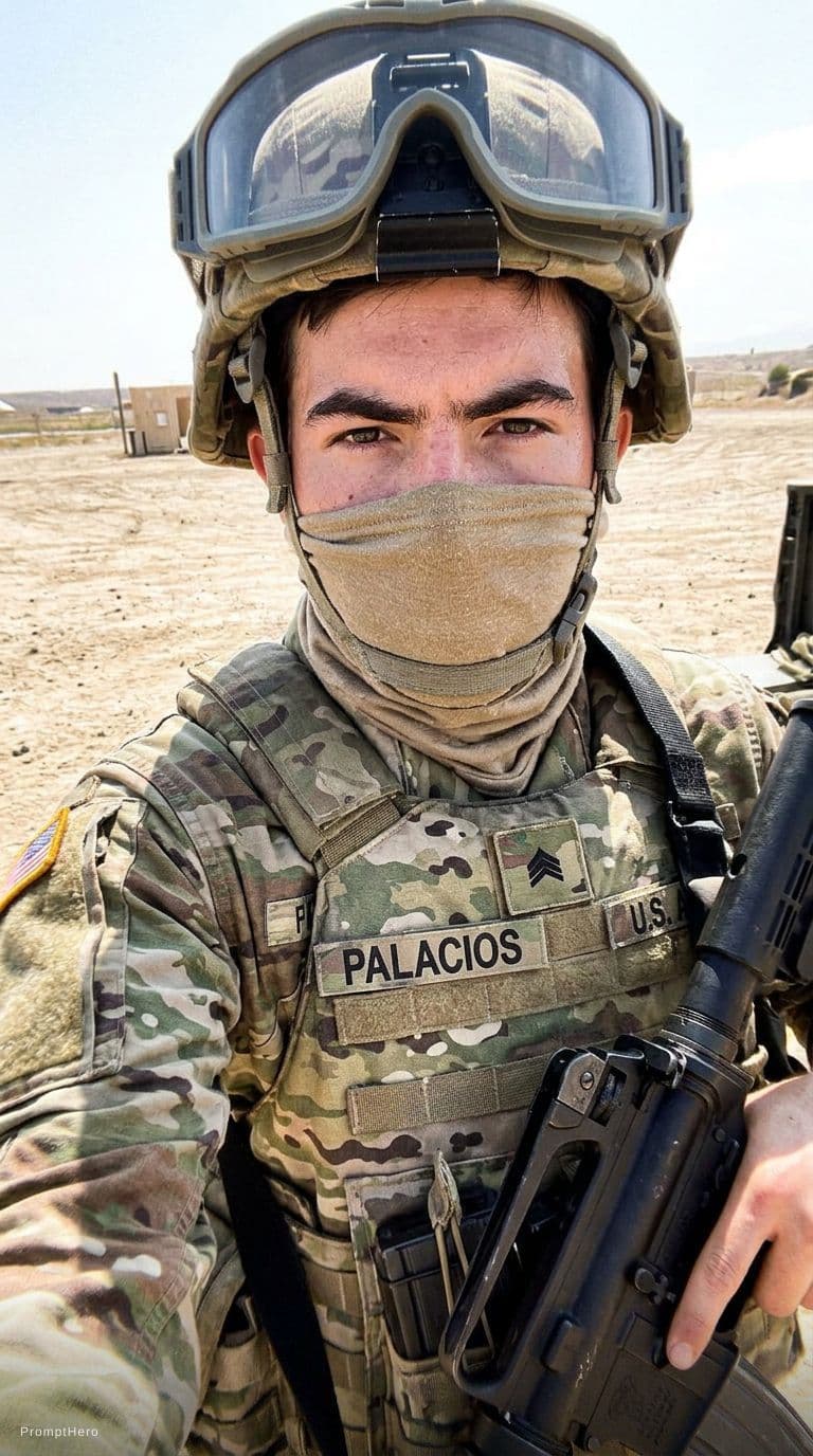 AI generated: ultra-realistic iPhone selfie photo of a young male soldier, close-up from a low angle below the che...