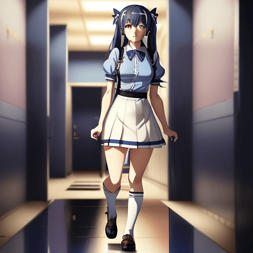 AI generated: anime girl in a short skirt and blue shirt walking in a hallway, anime maid, azur lane style, smooth...