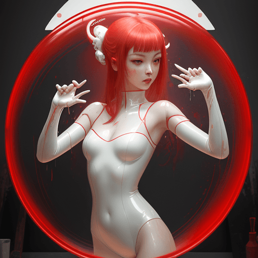 AI generated: a girl in white latex is posing by a red mirror, in the style of sandara tang, glowwave, ruan jia, w...
