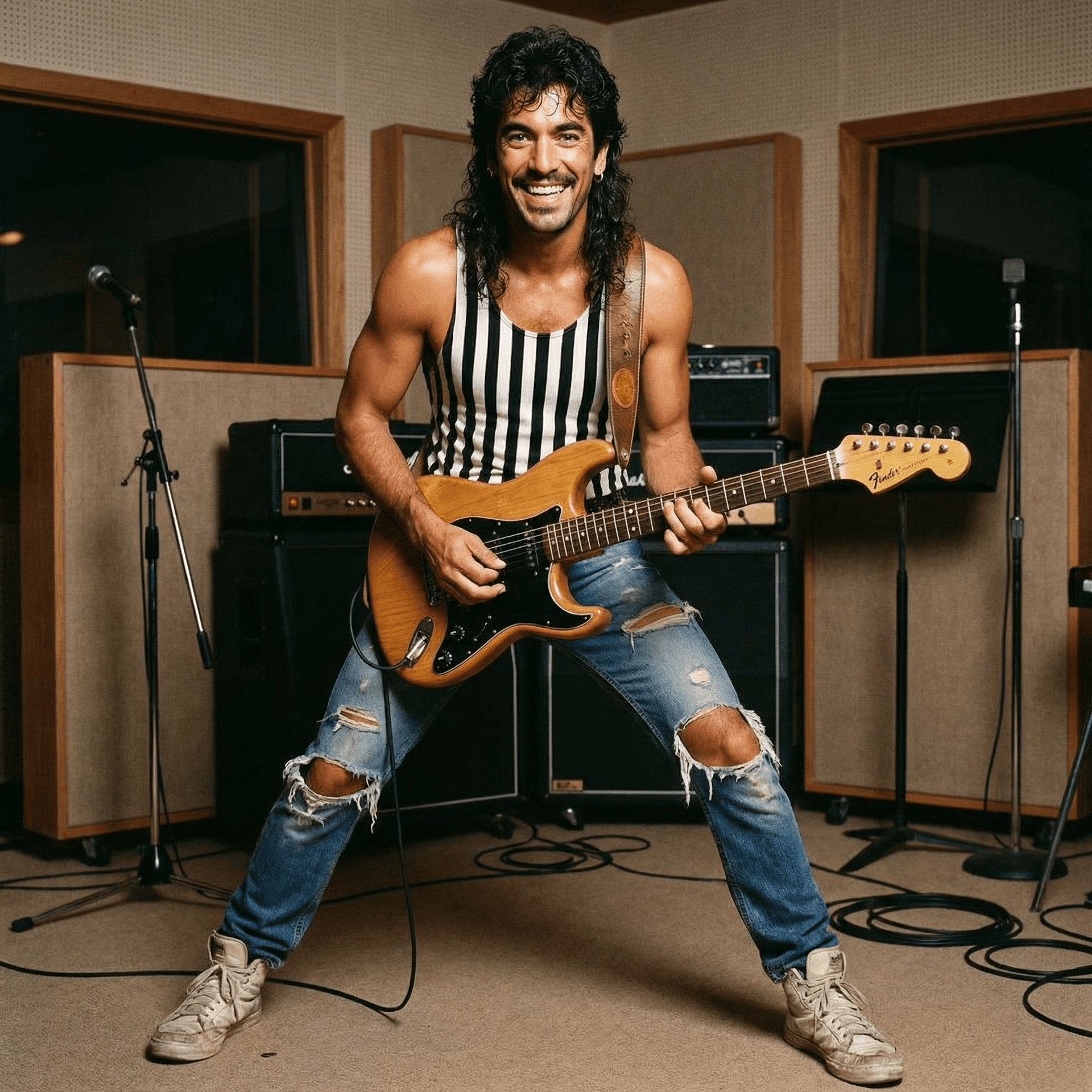 AI generated: A, full body, slight upshot, front photo of a relaxed, smiling, 1980's Hard Rock band guitar player,...
