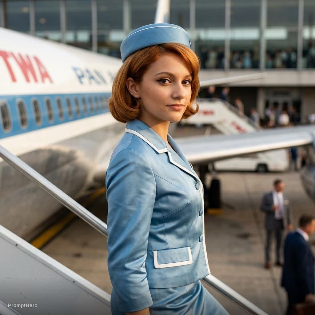AI generated: (photo of a hot stewardess posing for playboy magazine), (breathtaking:1.58), ((wearing light blue s...