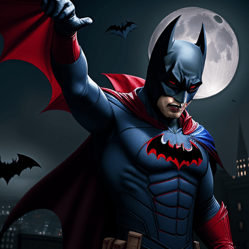 AI generated: a vampire in a red and blue superhero suit with a batman mask flying towards the screen with a moon ...