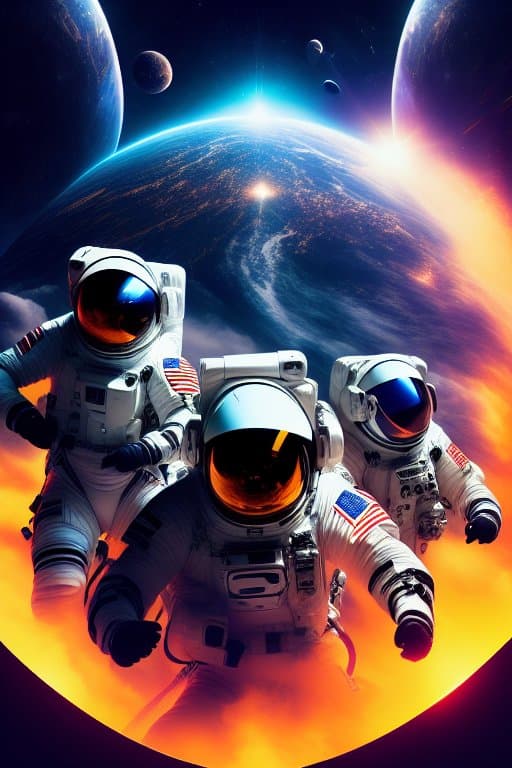 AI generated: Masterpiece, best quality, group of astronauts fighting on the space, highly detailed, hyperrealisti...