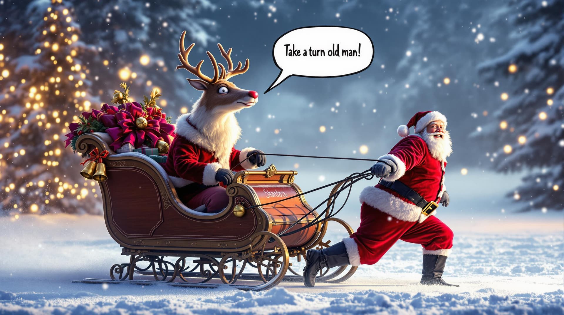 AI generated: "Create a hilarious, hyper-realistic image of Santa's sleigh, but with a twist: the reindeer is sitt...