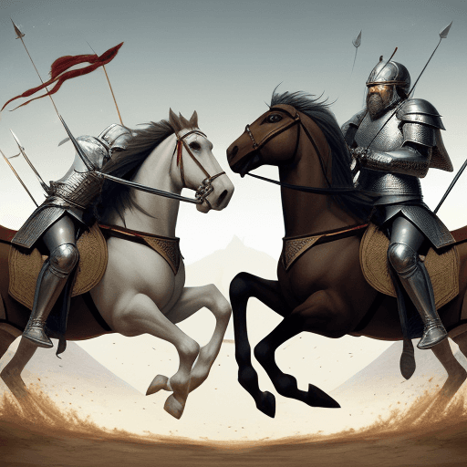 AI generated: two kings facing each other in the middle of battle using swords, horses and arrows, many troops in ...