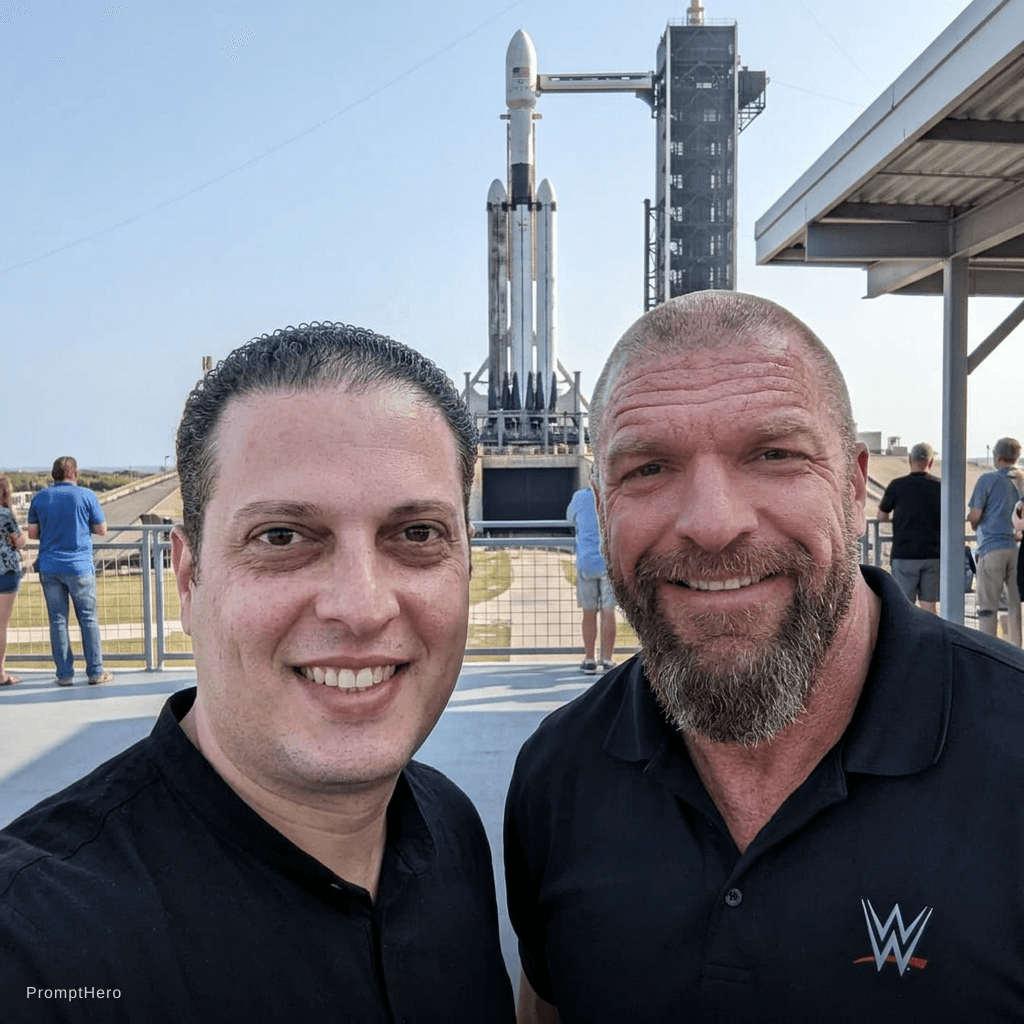 AI generated: with TripleH in front of a SpaceX rocket, professional setting