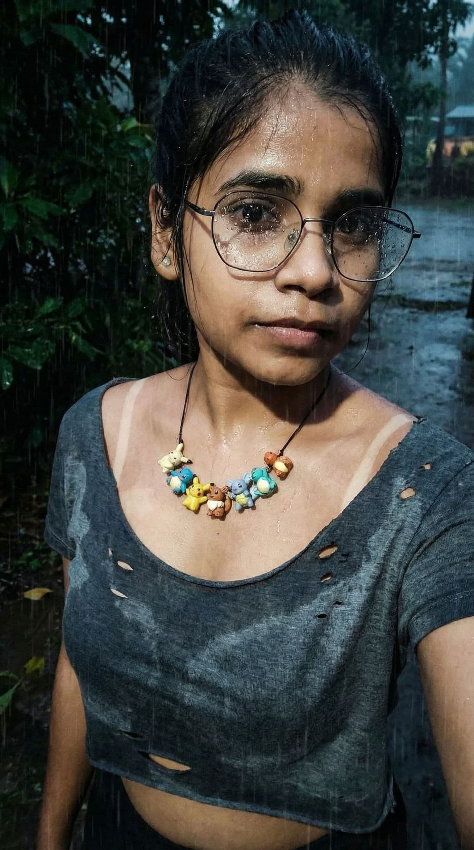 AI generated: Generate a rainy photograph of an 21 year old cute Papuan New Guinean indigenuous female with many t...