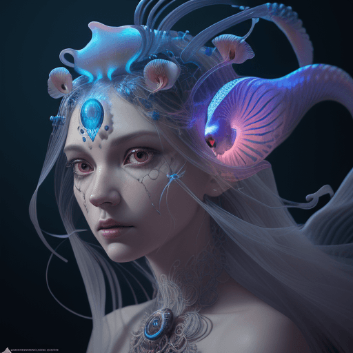 AI generated: Goddess close-up portrait ribcagel. jellyfish phoenix head, nautilus, orchid, skull, betta fish, bio...