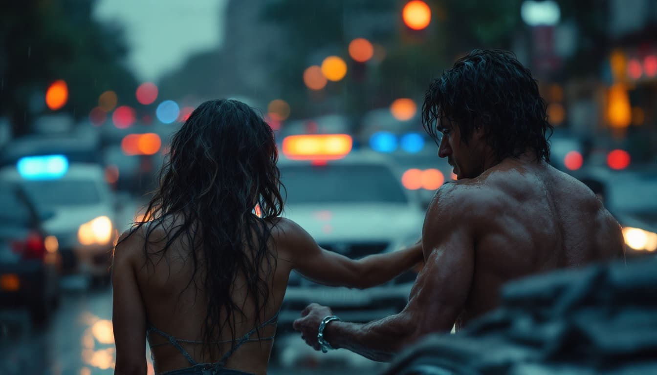 AI generated: dramatic emotional tension composition a bodybuilder with six pack and show body worn wet policeman ...