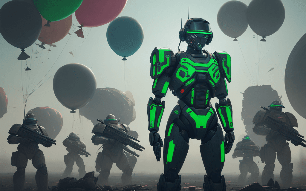 AI generated: a brutal man warrior robot stands and holding a M41A Pulse Rifle in her hands, after the battle, loo...