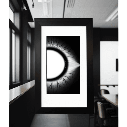 AI generated: eye level, photo, bar, minimalistic interior, abstract large art frame, office snapshot, frame magaz...