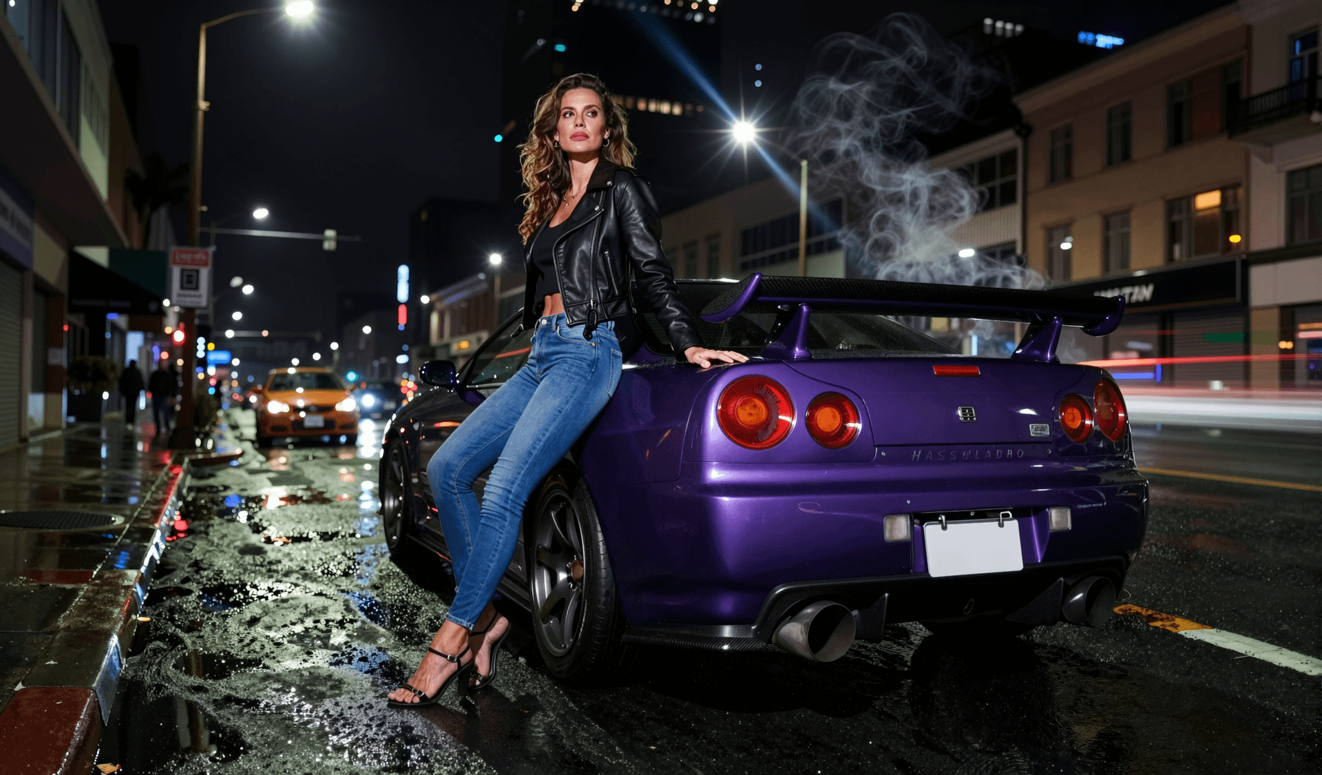 AI generated: An automotive editorial featuring a woman in tight denim jeans and a cropped leather jacket leaning ...