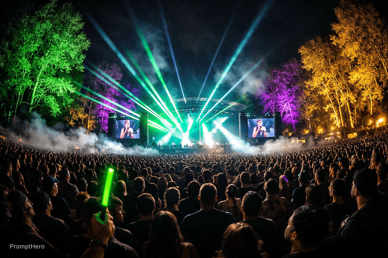 AI generated: A fisheye-lens wide shot capturing the electric atmosphere of an outdoor music festival deep in a wo...