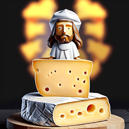 AI generated: Cheese Jesus that is standing on a pile of cheese and has a cheese hat