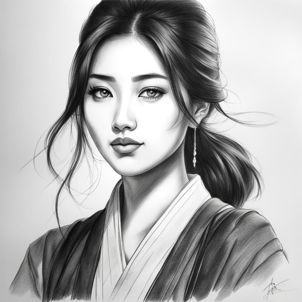 AI generated: Sketch of a Japanese Woman on paper, pencil sketch of Japanese Woman ,black and white, pencil sketch...