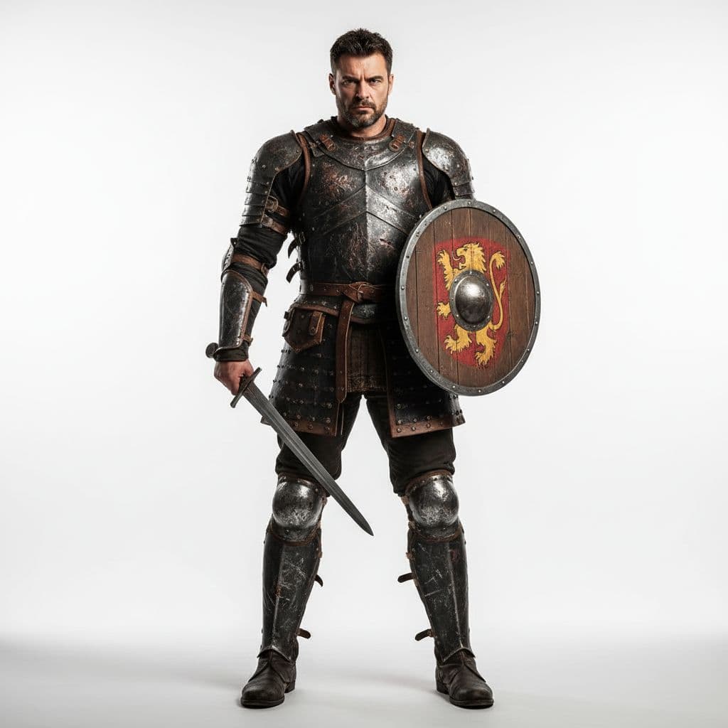 AI generated: A full-body portrait of a battle-ready warrior man, about 40 years old, standing frontally against a...