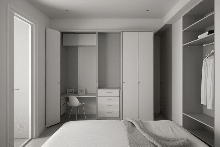 AI generated: Designing a gray and white themed bedroom for a young couple in a 3x3m² space with a double bed, wor...
