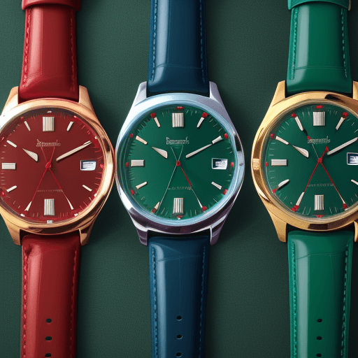 AI generated: Wristwatch, lying flat, from left to right, band green, bezel blue, dial red.