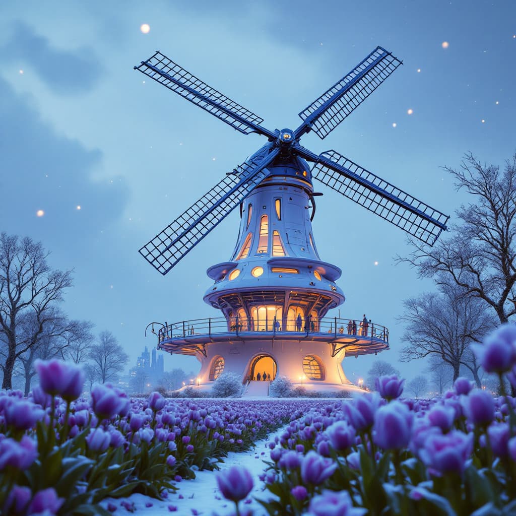 AI generated: Imagine a futuristic dutch windmill, shaped ilke a short fat 1950s retro moon rocket , in a field  o...