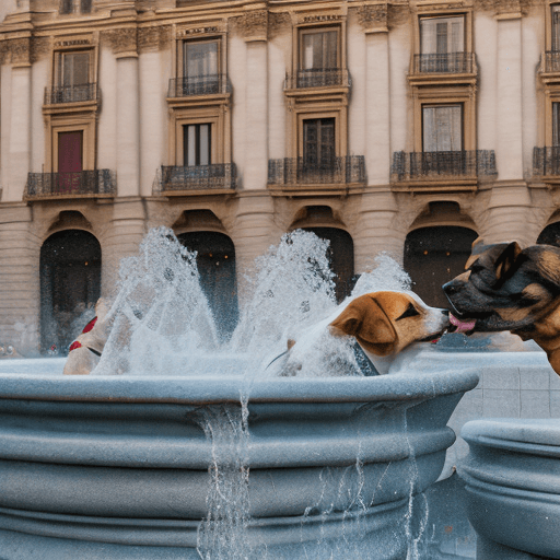 AI generated: High resolution photography about two dogs kissing in the middle in Madrid with The Cibeles fountain...
