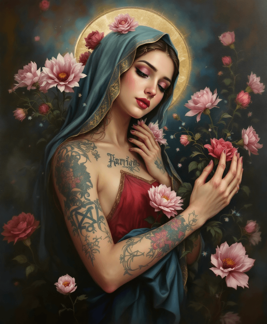 AI generated: oil painting of the mother mary with tattoos holding flowers, hyper realistic --s 250 --v 6.0 --styl...
