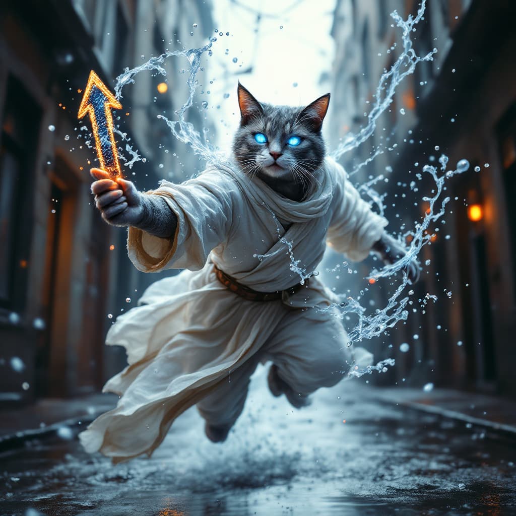 AI generated: an anthropomorphic cat wearing white linen is depicted in an action pose, swirling water with an arr...