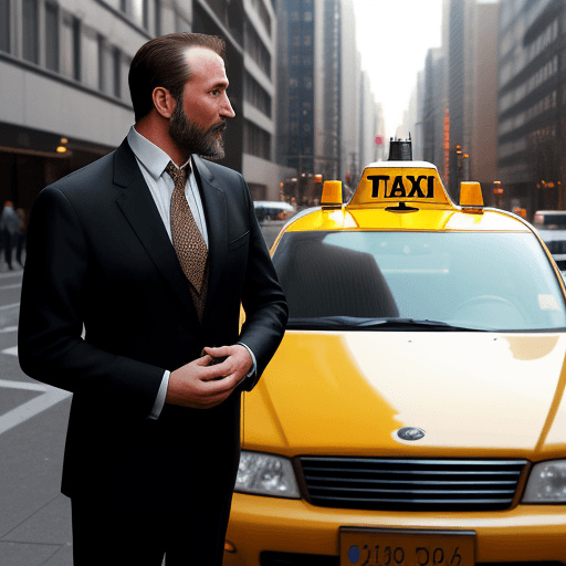 AI generated: Next to a taxi on the street, a 40-year-old man in a suit stood talking to a man in regular clothes,...
