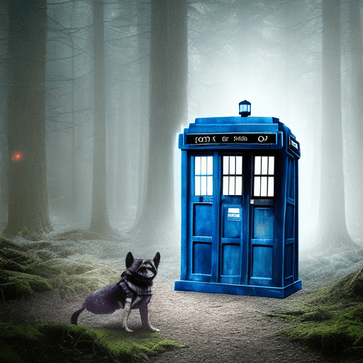 AI generated: A burtonesque style picture of the TARDIS from Doctor Who in a haunted forest, with his robot dog K-...