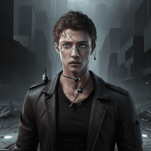 AI generated: guy puts eye drops in his eye, in the background is a dystopian world