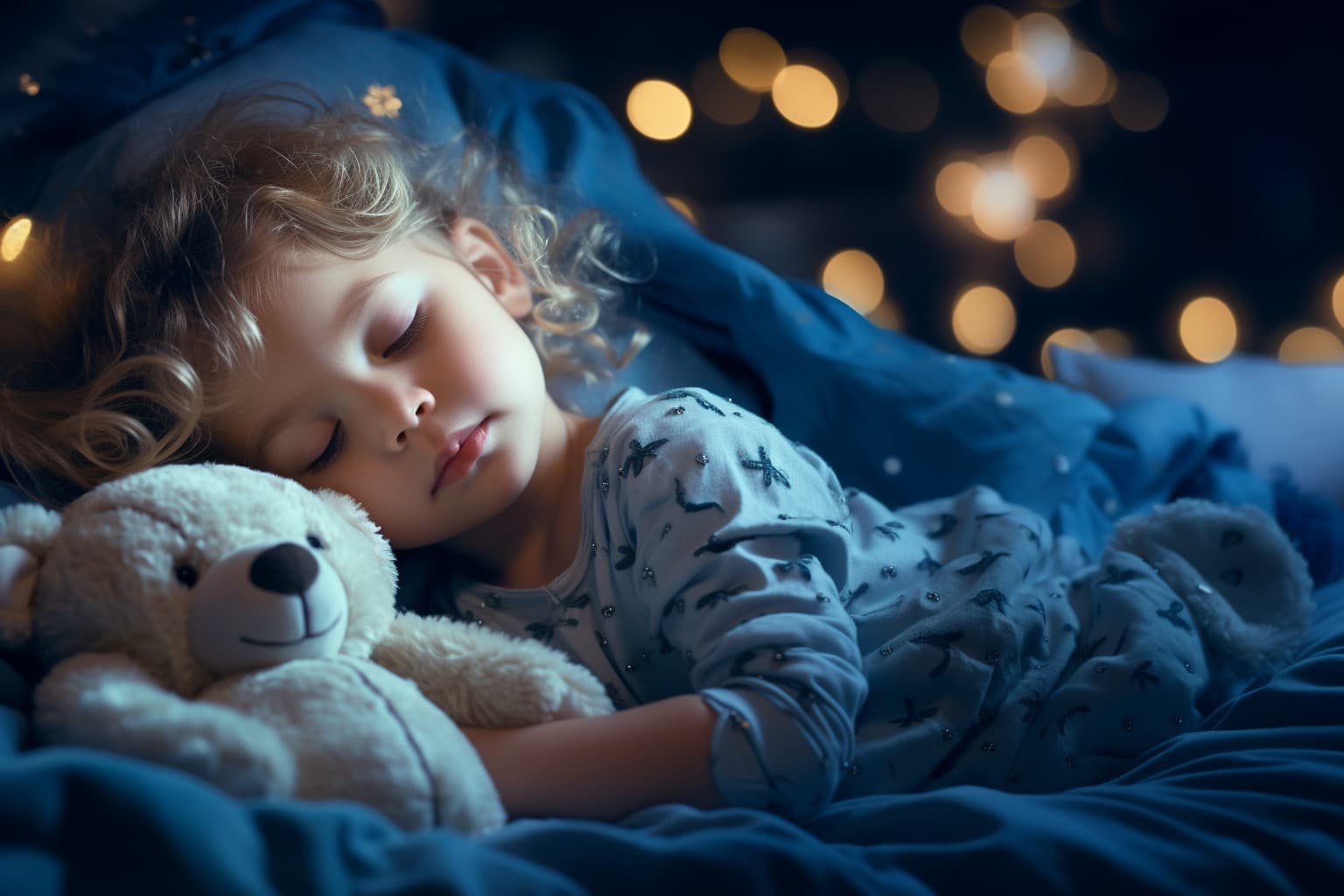 AI generated: sweet little girl is sleeping in the bed, full body ,in the style of bokeh, navy and light azure, en...