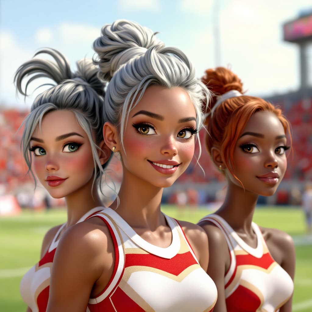 AI generated: A very realistic hd  picture of 3 18 year old cheerleaders, the oufit features the colors red and wh...