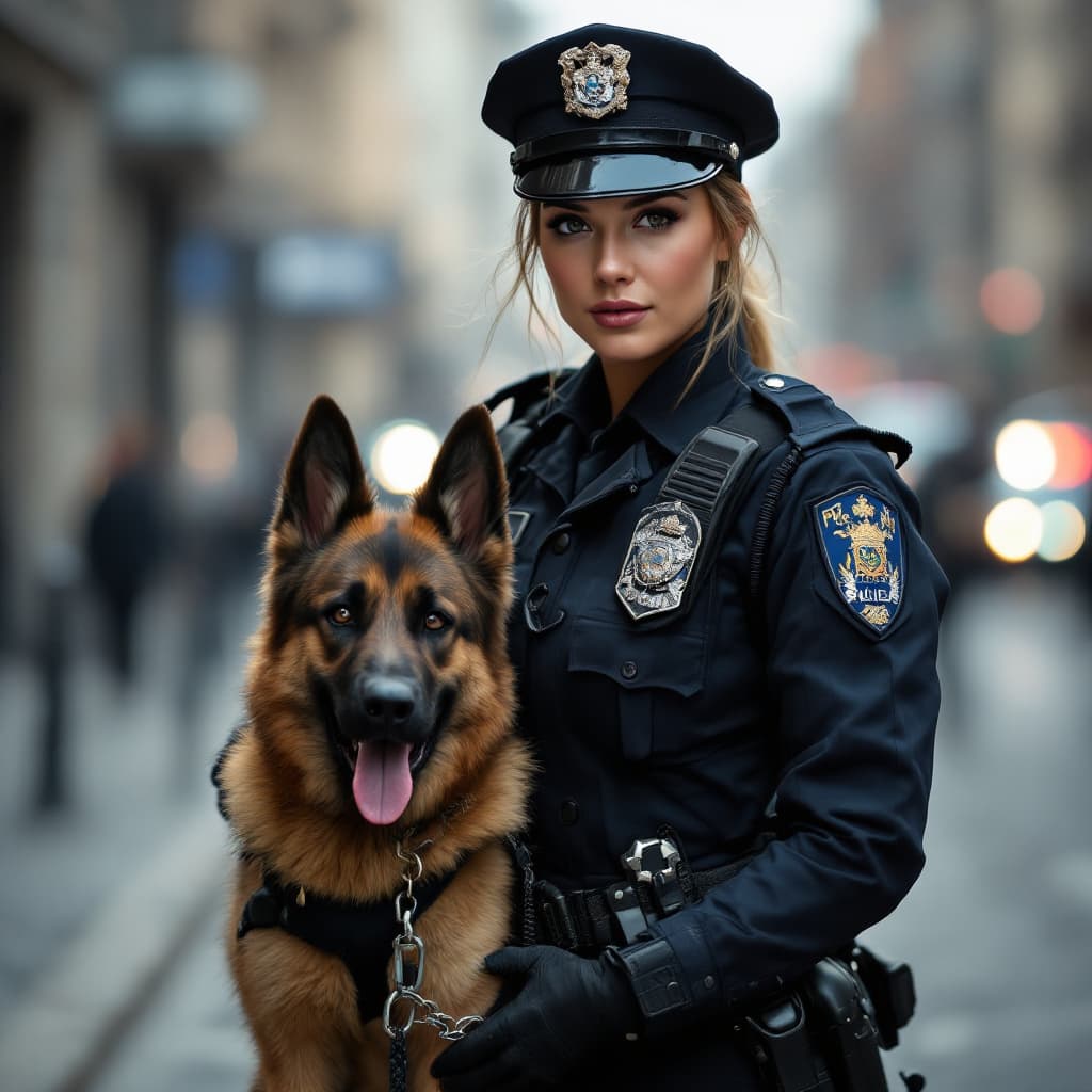 AI generated: pertty female police , very fit body and police dog in the street,On patrol
