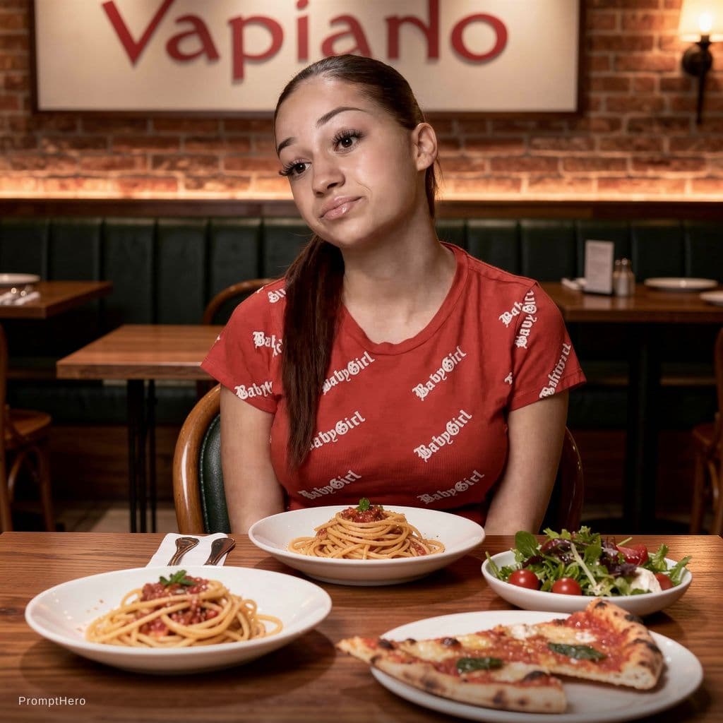 AI generated: Make her Chunky with Food on the table an shes Vapiano