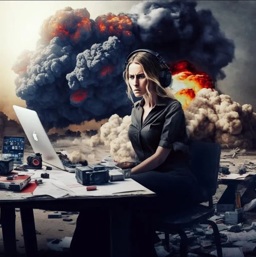 AI generated: war, girl is working, explosions on the background