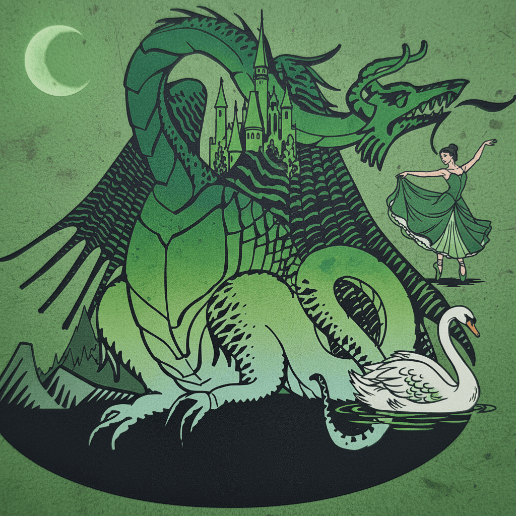 AI generated: use this image and add castle, hole moon, Sleeping beauty balerina, swan, make it green pallette