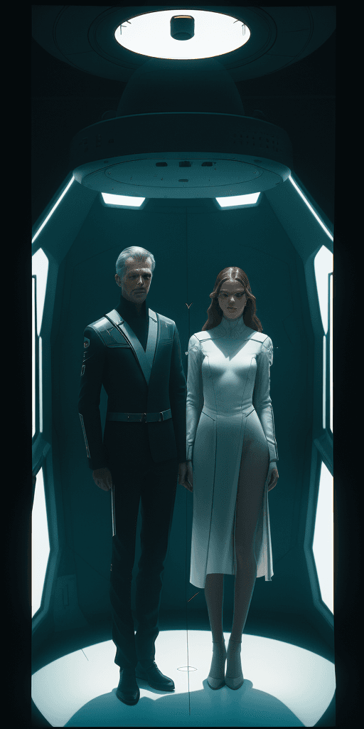 AI generated: shadows of a man and a woman standing opposite each other inside a spaceship. They are shooting arro...