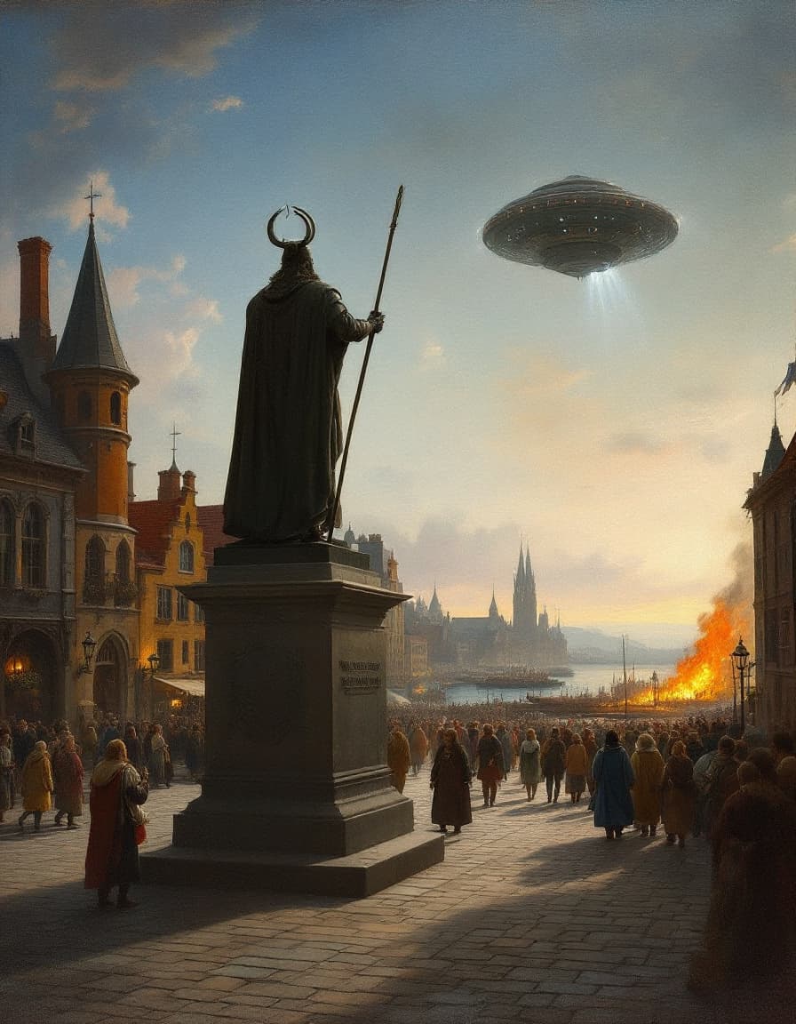 AI generated: A  painting inspired by Jan van Eyck of a bronze statue of a Viking lord in a town square.  Townsfol...
