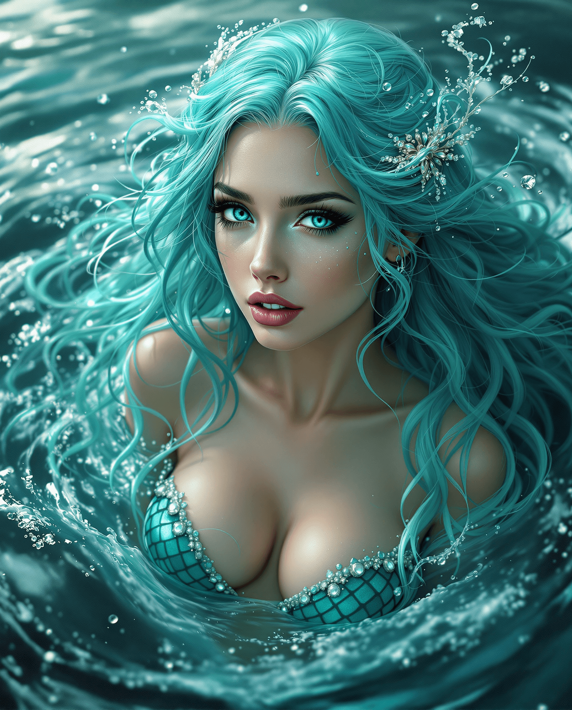 AI generated: A turquoise-haired siren emerges from the sea, her long turquoise hair and hypnotic blue eyes with a...