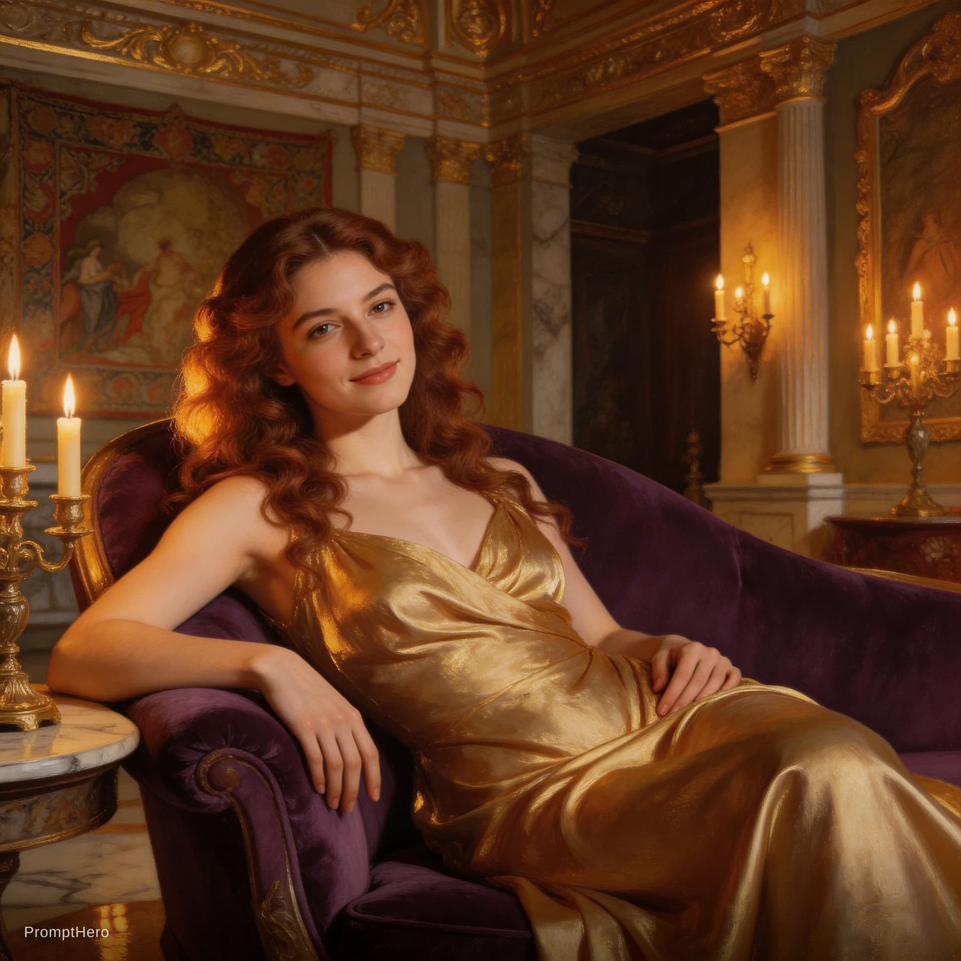 AI generated: A sensual renaissance courtesan with auburn curls styled in loose, glossy ringlets framing her delic...