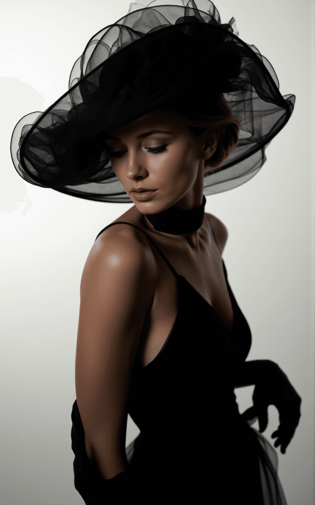 AI generated: A mysterious femme fatale in a black dress wearing a large hat tilted to the right, highly artistic ...