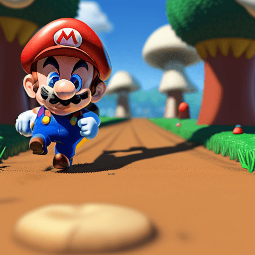 AI generated: Super-Mario running, Mushroom Kingdom background, 32k, closeup, trending on poltcount 3D, game --v 5...