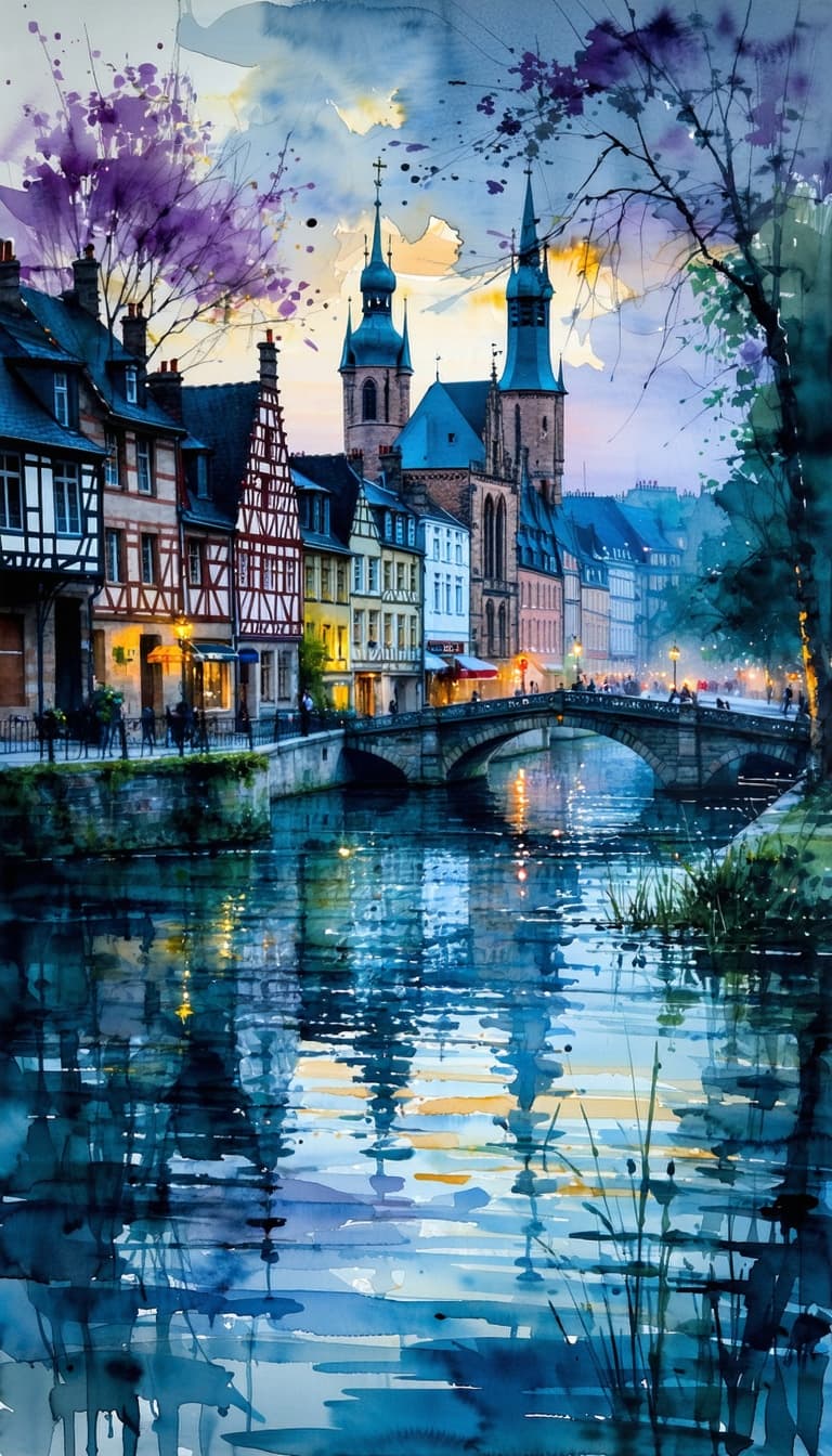 AI generated: Bruges in Belgium with a romantic (little round city lake:1.4) in a small park. Enclosed. Blooming n...