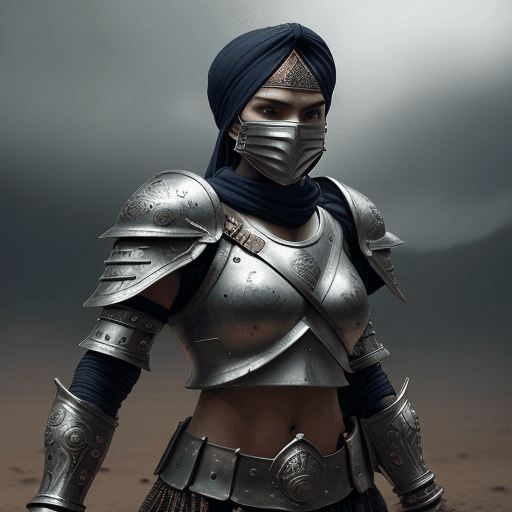 AI generated: Pepsi warrior in a battleground, wearing a full battle face mask, helm, and turban, facing the camer...