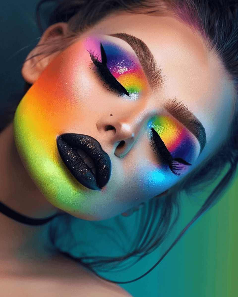 AI generated: a woman with colorful makeup on her face, rainbow, lipstick, a picture of the upper half of her head...