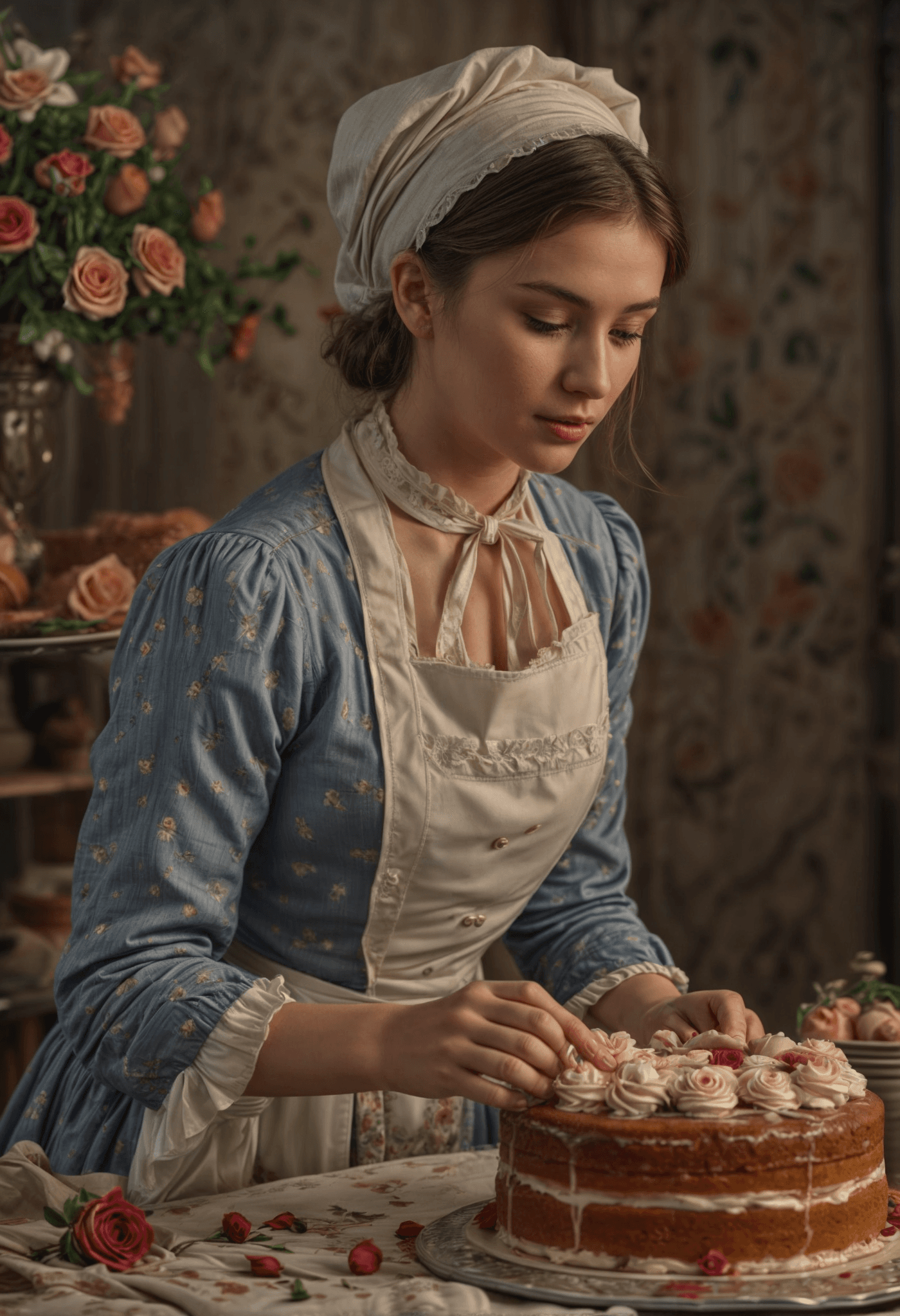 AI generated: A beautiful young woman cook bakes a large cake. it decorates with roses. 18th century, in the style...