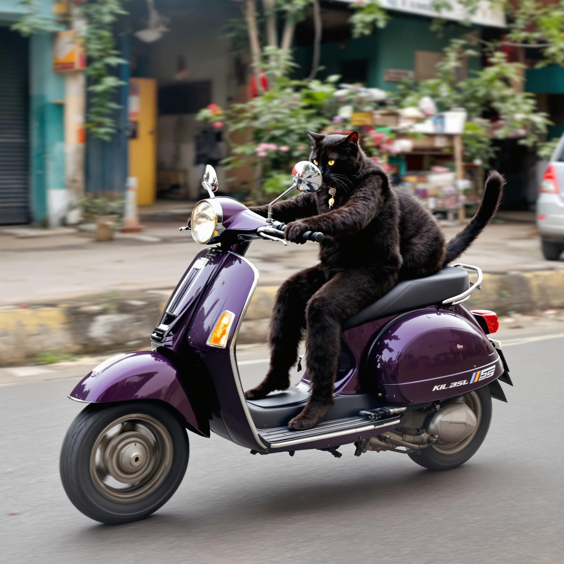 AI generated: A black cat driving a dark purple scooter in India