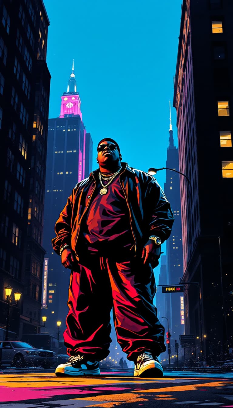 AI generated: biggie smalls, notorious big, rapping pop art anime comic illustration