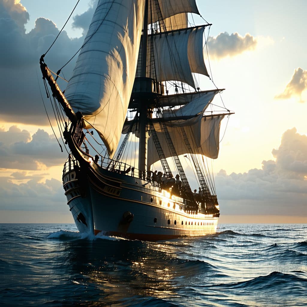 AI generated: Photo of a ultra realistic sailing ship, dramatic light, pale sunrise, cinematic lighting, battered,...
