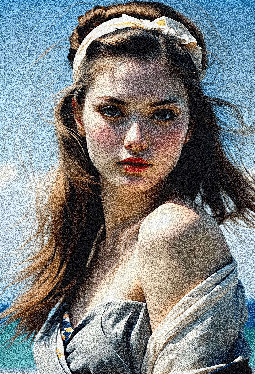 AI generated: The image features a beautiful young woman with long, curly hair, wearing a white dress. Her hair is...