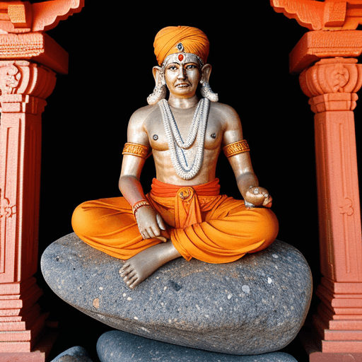 AI generated: hindu god sai baba in his iconic post seating on a rock. the scene is now in a hindu temple
